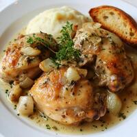 A plate of braised chicken with 40 cloves of garlic, featuring tender pieces of chicken, braised slowly in white wine, with a generous amount of garlic cloves, onions, thyme, and bay leaves, resulting photo