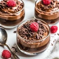 A close-up of a creamy mousse au chocolat noir dessert, a light and airy chocolate mousse, made with dark chocolate, eggs, sugar, and heavy cream, enriched with a touch of espresso, and served in photo