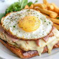 A sandwich with ham, cheese and an egg on it photo