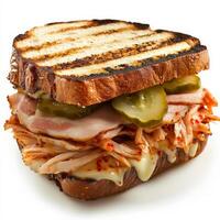 A close-up of a Cuban sandwich, enriched with the tangy and spicy flavors of Korean kimchi, featuring roasted pork, ham, Swiss cheese, pickles, and kimchi mayo, served on grilled Cuban bread, a unique photo