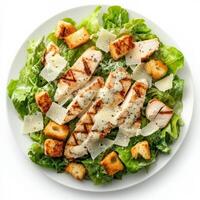 A freshly made Caesar salad with crisp romaine lettuce, crunchy croutons, shaved Parmesan cheese, and a creamy Caesar dressing. Topped with grilled chicken for extra protein and flavor. Isolated on photo