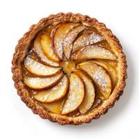 A golden, flaky pear tart with a delicate puff pastry crust, topped with thinly sliced caramelized pears and a dusting of powdered sugar. Isolated on clean white background photo
