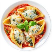 A warm plate of cheesy spinach and ricotta stuffed shells, baked in marinara sauce, topped with melted mozzarella and fresh basil. An Italian comfort dish. Isolated on clean white background photo
