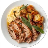 A plate of braised pork shoulder with milk and sage, featuring tender pork shoulder braised slowly in milk with fresh sage leaves, garlic, and other aromatics, resulting in a rich and flavorful meat photo
