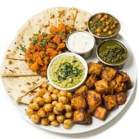 A plate of Spanish tapas, transformed with the fragrant spices and creamy textures of Indian cuisine, featuring small plates of spiced potatoes, chickpeas, vegetables, and chicken or lamb, served with photo