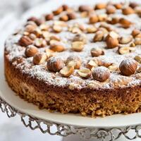 A close-up of a sweet and nutty torta di nocciole dessert, a traditional Italian hazelnut cake, made with ground hazelnuts, eggs, sugar, and a touch of flour, resulting in a dense and moist cake with photo