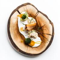 A wooden plate with food on it photo