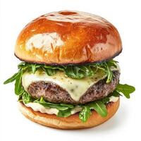 A gourmet truffle burger with a juicy beef patty, truffle aioli, melted Swiss cheese, and arugula, served on a toasted brioche bun. A luxurious twist on a classic burger. Isolated on clean white photo