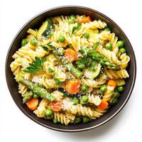 A vibrant bowl of pasta primavera, featuring pasta tossed with fresh spring vegetables, such as asparagus, peas, zucchini, and carrots, in a light cream or garlic sauce, garnished with fresh herbs and photo