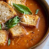 A close-up of a warm and comforting zuppa di pane e pomodoro soup, a hearty Italian bread and tomato soup, made with stale bread, ripe tomatoes, garlic, onions, basil, and a touch of vegetable broth, photo