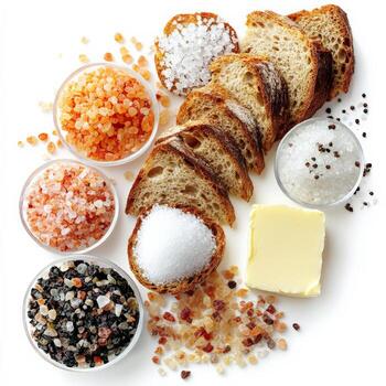 A tasting arrangement of salts from around the world, each with a distinct color and texture, presented with bread and butter, a celebration of the subtle nuances in a fundamental seasoning, isolated photo