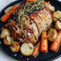 A plate of slow-roasted pork shoulder with root vegetables, featuring tender and flavorful pork shoulder, roasted slowly in the oven until meltingly soft and caramelized, and served with a medley of photo