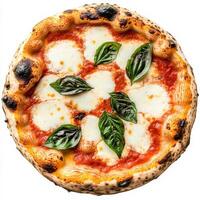 A close-up of a wood-fired Neapolitan pizza margherita, with a thin and crispy crust, topped with fresh tomato sauce, mozzarella cheese, and basil leaves, baked to perfection in a traditional photo