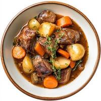 A plate of navarin d'agneau, a rich lamb stew, with lamb shoulder, root vegetables, such as carrots, potatoes, and turnips, and herbs, simmered until tender and flavorful, served in a rustic bowl, photo
