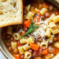 A close-up of a warm and comforting pasta e lenticchie soup, a hearty Italian pasta and lentil soup, with small tube pasta, lentils, carrots, celery, onions, garlic, and a touch of pancetta for depth photo