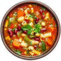 A bowl of hearty minestrone soup, filled with a colorful array of vegetables, pasta, and beans, simmered in a rich tomato broth, garnished with fresh parsley and a drizzle of olive oil, served in a photo