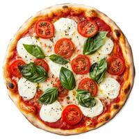 A classic Margherita pizza with a thin, crispy crust, topped with fresh mozzarella, ripe tomatoes, and fresh basil leaves, drizzled with olive oil. Isolated on clean white background photo
