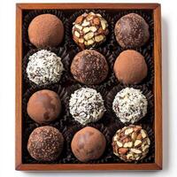 A tray of chocolate truffles with a rich, velvety ganache center, coated in cocoa powder, chopped nuts, and shredded coconut, arranged in an elegant display. Isolated on clean white background photo