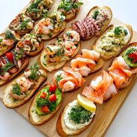 A vibrant platter of assorted crostini with seafood toppings, featuring grilled slices of rustic bread, topped with a variety of fresh and flavorful seafood combinations, such as smoked salmon and photo