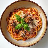A vibrant bowl of spaghetti alla chitarra con pallotte, featuring square-shaped spaghetti made on a guitar-like tool, tossed with a simple yet flavorful tomato sauce, and served with small meatballs photo