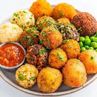 A vibrant platter of assorted arancini, featuring various types of crispy fried rice balls, filled with different ingredients, such as meat ragu, mozzarella cheese, peas, saffron rice, and mushroom photo