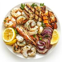 A vibrant platter of mixed grilled seafood, featuring shrimp, calamari, scallops, and fish, marinated in olive oil, lemon juice, and herbs, grilled until tender and slightly charred, served with a photo