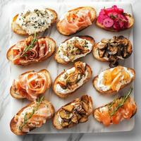 A vibrant platter of assorted crostini with elegant toppings, featuring grilled bread topped with smoked salmon and cream cheese, roasted beet and goat cheese, prosciutto and fig jam, and mushroom and photo