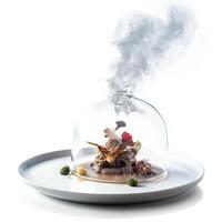 A dish featuring the use of smoke or aromatic elements, perhaps presented under a cloche or with a smoking gun, creating a multisensory experience, emphasizing the interplay of taste and smell in a fine dining setting, isolated on clean white background. photo