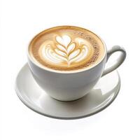A freshly brewed cappuccino in a ceramic cup, topped with a delicate layer of frothed milk and an intricate latte art design. The rich aroma of espresso and creamy foam make it an inviting coffee experience. Isolated on clean white background photo