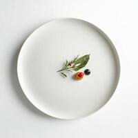 A dish with an emphasis on minimalist design, perhaps a few carefully placed ingredients on a large, empty plate, drawing attention to their individual beauty and highlighting the concept of 'less is more,' isolated on clean white background. photo