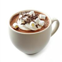A cup of rich hot chocolate topped with a swirl of whipped cream and chocolate shavings. The drink is steaming, with tiny marshmallows floating on top, creating a cozy winter treat. Isolated on clean white background photo