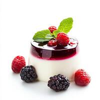 A close-up of a slice of creamy panna cotta, a smooth and delicate Italian dessert, flavored with vanilla and topped with a berry coulis, served in a small glass and garnished with fresh berries and a mint leaf, isolated on clean white background. photo