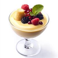 A close-up of a rich and decadent zabaglione dessert, a light and creamy custard made with egg yolks, sugar, and sweet Marsala wine, served in a glass and garnished with fresh berries and ladyfingers, isolated on clean white background. photo