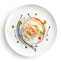 A dish featuring a sauce that flows or ribbons beautifully across the plate, creating a dynamic visual element and adding movement to the composition, the use of sauce as an artistic medium in fine dining, isolated on clean white background. photo