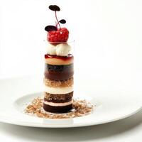 A vertically plated dessert, perhaps a parfait or verrine, showcasing layers of contrasting textures and flavors in a tall and elegant presentation, highlighting the interplay of light and shadow, isolated on clean white background. photo