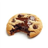A warm, gooey chocolate chip cookie with melted chocolate oozing from the center. The cookie has a golden, slightly crisp exterior and a soft, chewy inside, making it an irresistible sweet treat. Isolated on clean white background photo