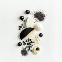 A monochromatic composition, ingredients all in shades of a single color, such as black or white, creating a dramatic and minimalist effect, a bold artistic statement in food presentation, isolated on clean white background. photo