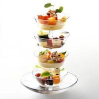 A multi-tiered arrangement of elements, perhaps served in a small glass vessel or on a tiered serving tray, highlighting the use of layers to create visual and culinary complexity, emphasizing the progression of flavors, isolated on clean white background photo