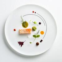 A meticulously plated dish with geometric precision, ingredients arranged in lines, circles, and squares, reflecting a modern and minimalist aesthetic, highlighting order and control in a fine dining setting, isolated on clean white background. photo
