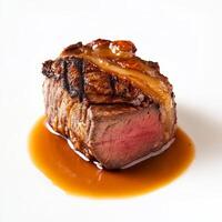 A beautifully scored piece of meat, its crust showcasing the Maillard reaction, served with a rich and flavorful sauce, emphasizing the precision and technique of meat cooking in haute cuisine, isolated on clean white background. photo