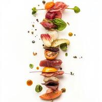 A vertical arrangement of ingredients, perhaps a stack or skewer of alternating colors and textures, creating a sense of dynamic movement and visual intrigue, the artistry of controlling the viewer's eye, isolated on clean white background. photo