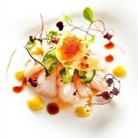 A beautifully plated appetizer of Japanese ceviche, featuring fresh white fish marinated in citrus juices and soy sauce, garnished with pickled wakame seaweed, crispy wonton strips, and a drizzle of sriracha mayo, a refreshing and flavorful blend of Japan photo