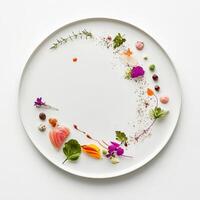 A plate designed to create negative space, with ingredients placed sparingly to highlight their beauty and importance, showcasing the minimalist aesthetic in food presentation, and drawing the eye to specific elements, isolated on clean white background. photo