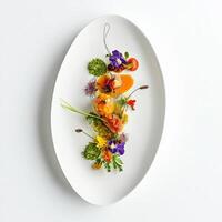 A dish that evokes a specific theme or story, perhaps inspired by a particular culture, landscape, or historical period, showcasing the storytelling power of food and the chef's ability to communicate through their creations, isolated on clean white backg photo