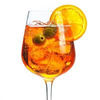 A close-up of a colorful and bubbly Aperol Spritz cocktail, a popular Italian aperitif, made with Aperol, Prosecco, and a splash of soda water, served in a large wine glass with ice, an orange slice, and a green olive, perfect for a sunny afternoon, highl photo