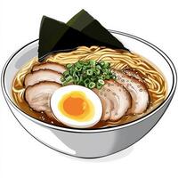 A steaming bowl of ramen with a rich, flavorful broth, topped with tender slices of pork, a soft-boiled egg, green onions, seaweed, and sesame seeds. The noodles are thick and wavy, absorbing the delicious soup. Isolated on clean white background photo