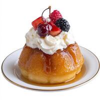 A close-up of a baba au rhum, a small cake soaked in rum syrup, often topped with whipped cream and fruit, served on a dessert plate, showcasing the rich flavor and the boozy delight, isolated on clean white background. photo