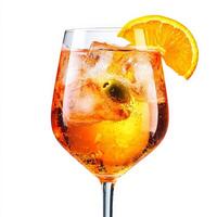 A close-up of a refreshing aperol spritz cocktail, a classic Italian aperitif, made with Aperol, Prosecco, and a splash of soda water, served in a wine glass with ice, an orange slice, and a green olive, perfect for a sunny day, showcasing the bright oran photo