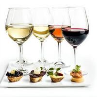 A tasting flight of wines, each presented in a different glass, paired with a small bite designed to complement its flavors, highlighting the art of wine pairing and the interplay of food and beverage, isolated on clean white background. photo