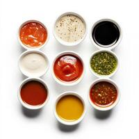 A tasting flight of sauces, ranging in color and flavor, offered alongside a dish, allowing the diner to experiment and customize their dining experience, highlighting the complexity and creativity of sauce-making, isolated on clean white background. photo